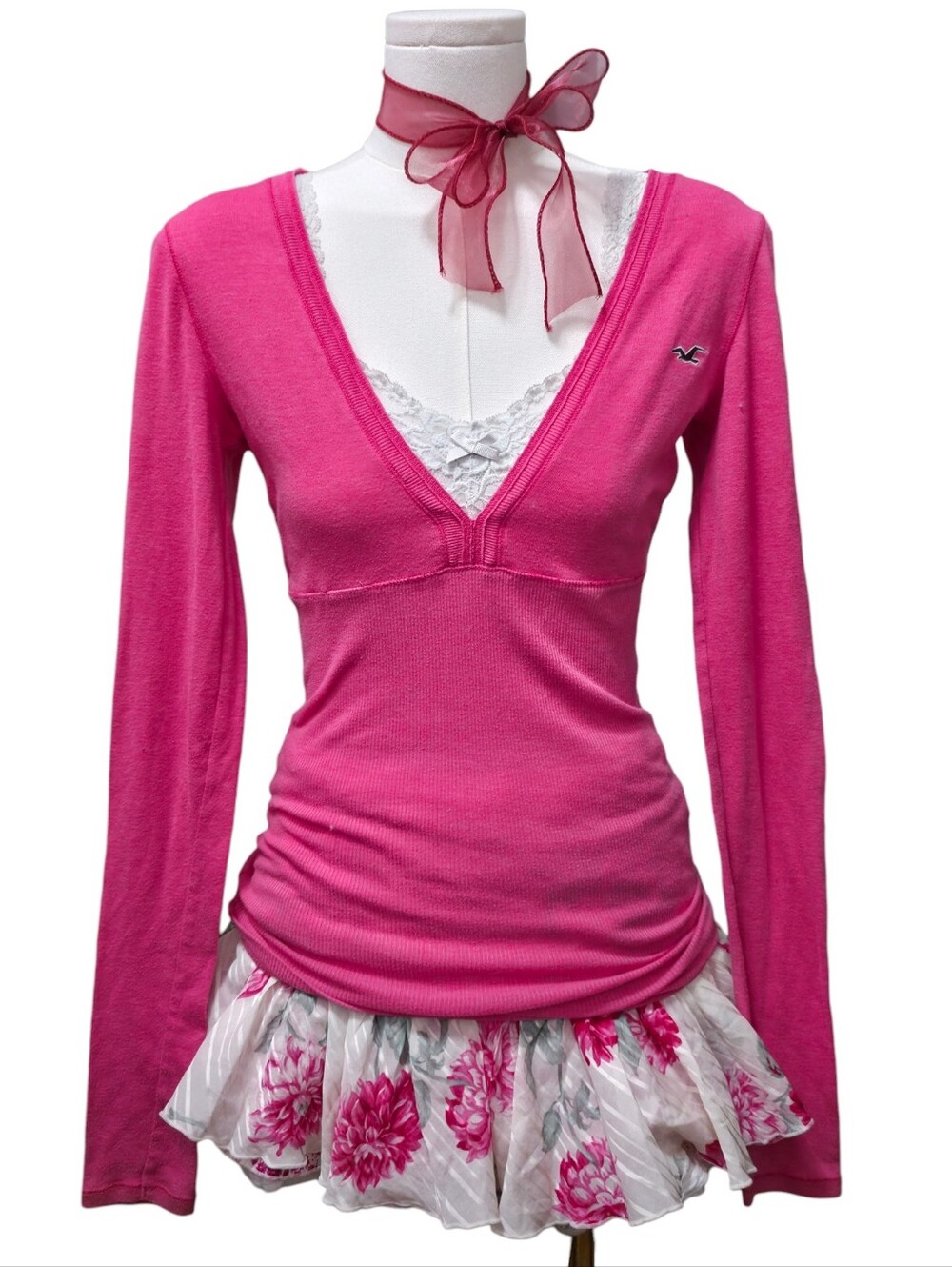 Babydoll hot Pink Hollister long sleeve top V-neck y2kfashion